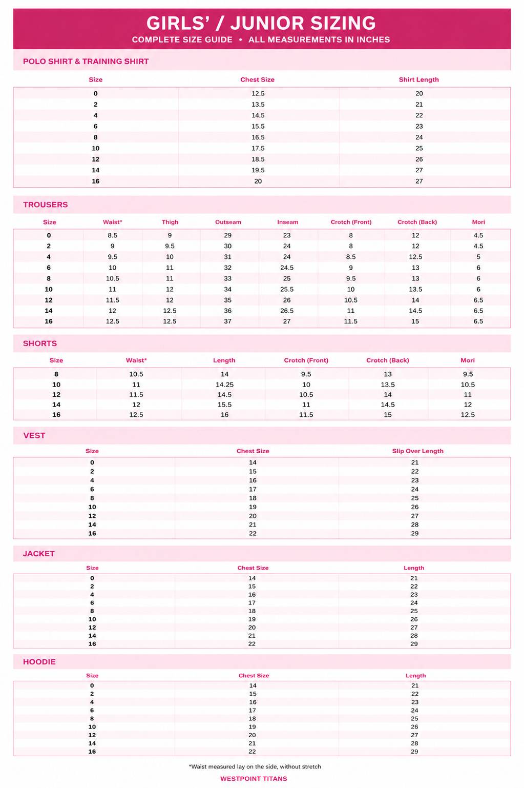 Junior Girls Size Chart
