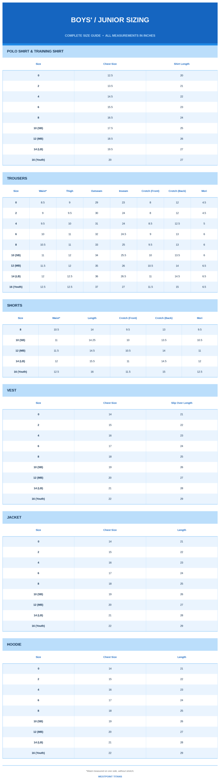 Junior Boys Size Chart