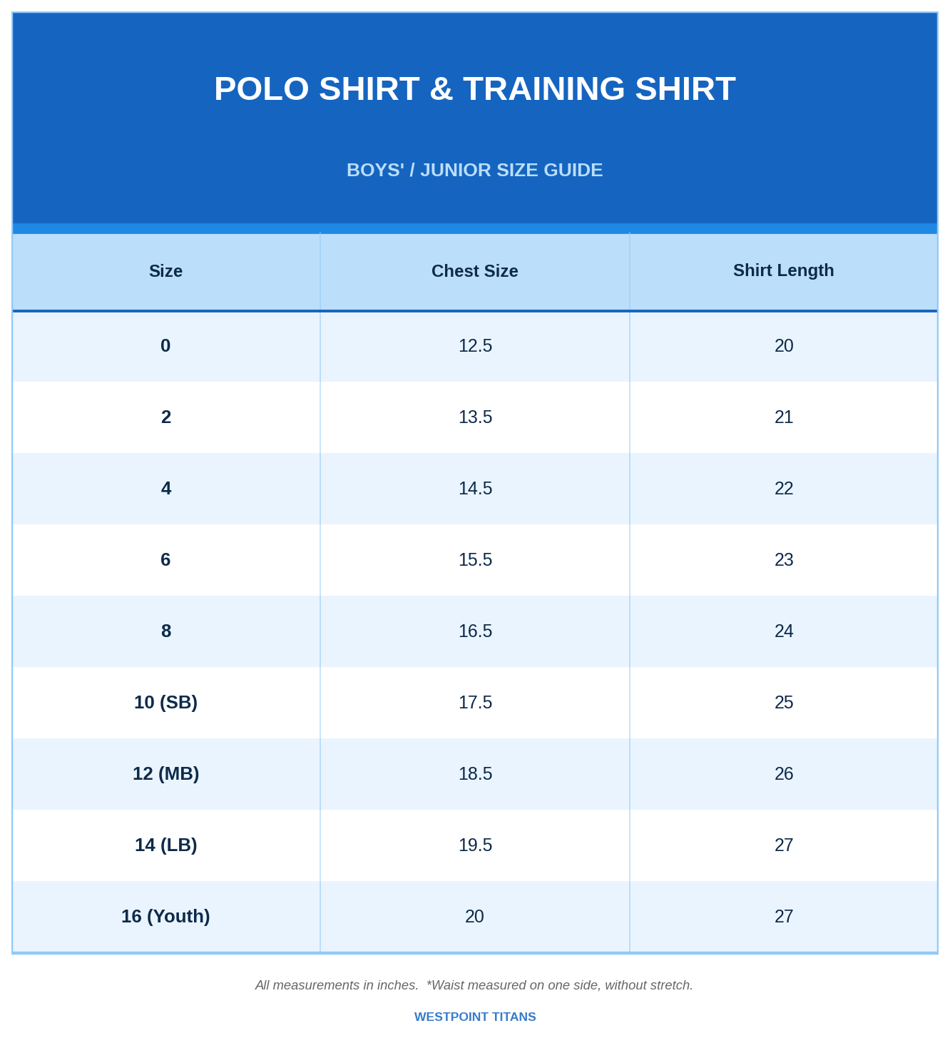 Junior Boys Size Chart