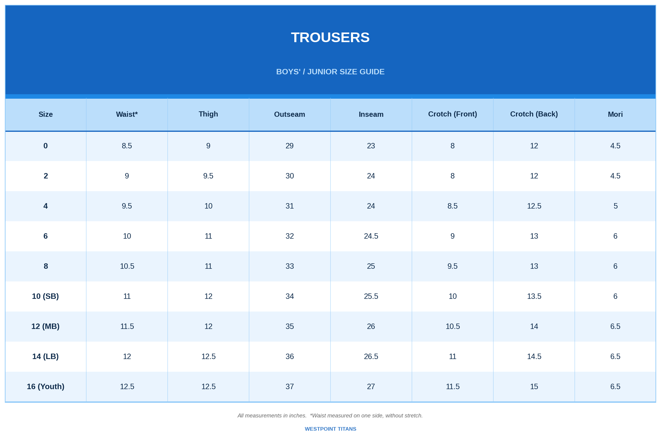 Junior Boys Size Chart