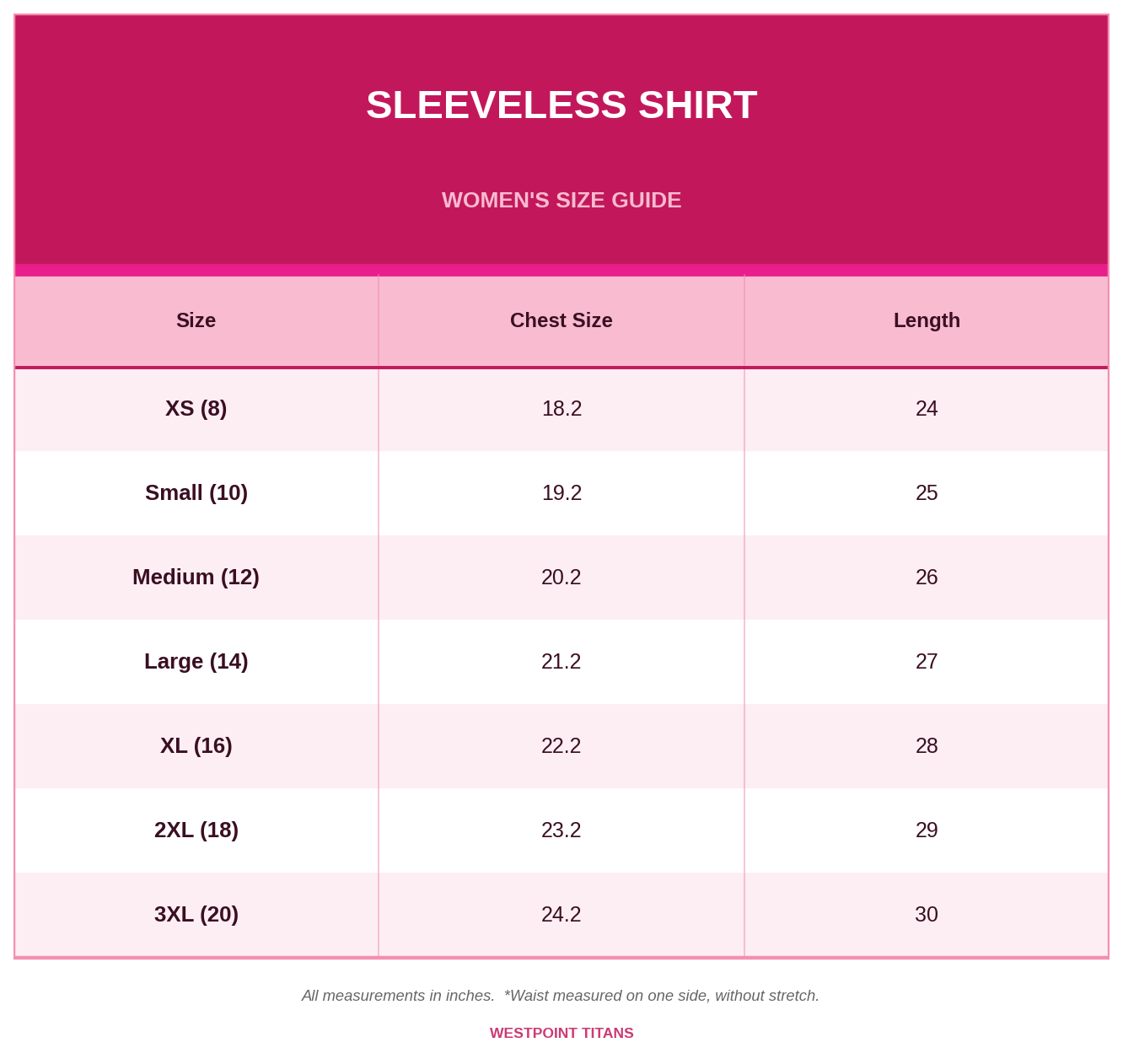 Women's Sleeveless Size Chart